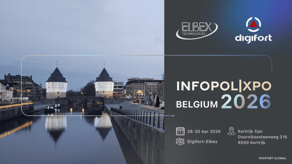 Elbex Technologies booth at INFOPOL XPO Belgium 2026 event.